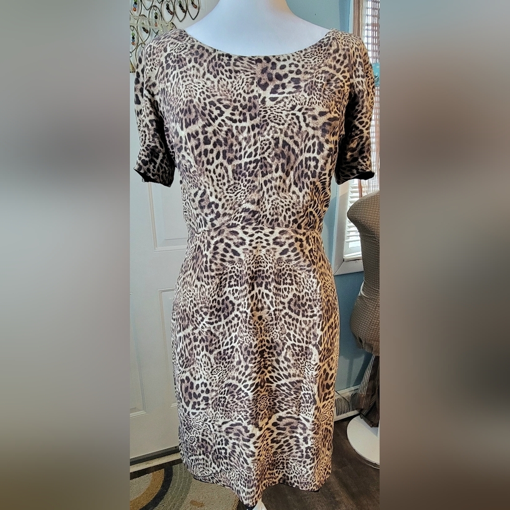 The Kooples 100% Silk Leapord Print Midi Sheath Dress Womens S Tan Short Sleeved